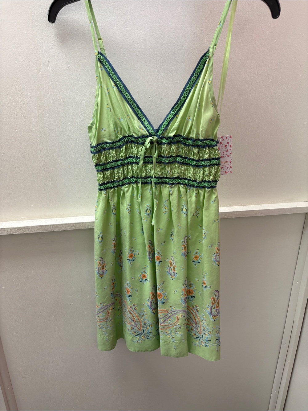 Free People Lime Paisley Smocked Mini Dress with Navy Trim
